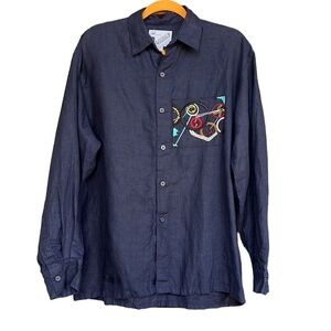 Goouch Men’s Vintage 100% Linen Shirt Mens S Navy Long Sleeve Abstract